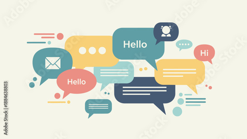 Colorful speech bubbles with various greetings and communication icons.