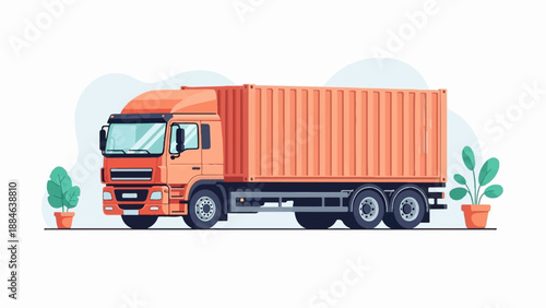 Orange cargo truck with a container and potted plants