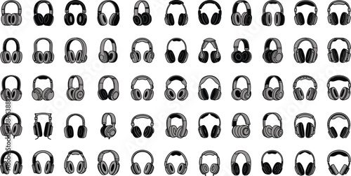 Collection of Fifty Different Headphones Icons Set Isolated on White Background for Music Production Podcast Equipment Professional Audio Gear and Sound Studio Design