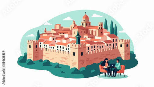 Two people work on laptops at a cafe table with a medieval town in the background