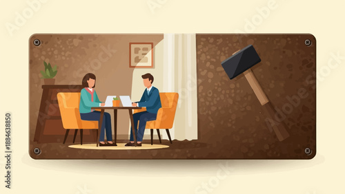 Two people in a modern office setting, one with a hammer