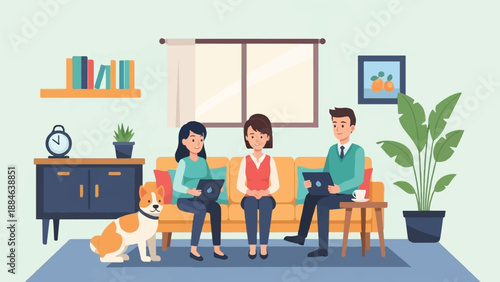 Three people and dog on couch with laptops, in a bright room