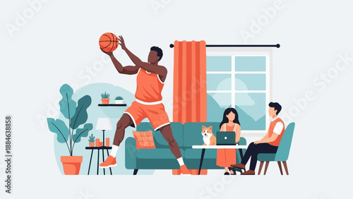 People playing basketball indoors, working on laptops, with a dog