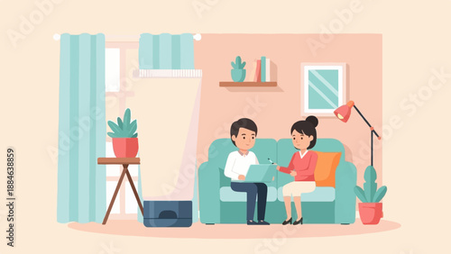 Two people are having a conversation on a couch in a cozy room setting