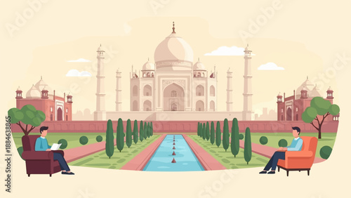 Two men relax reading books in front of a grand marble mausoleum garden