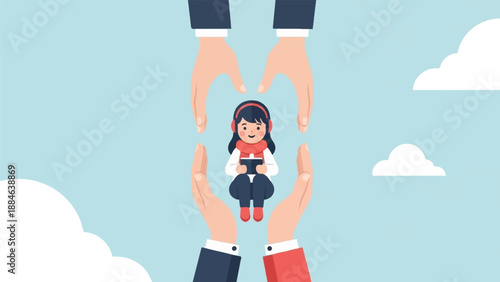 Protective hands cradle a happy girl with headphones and scarf