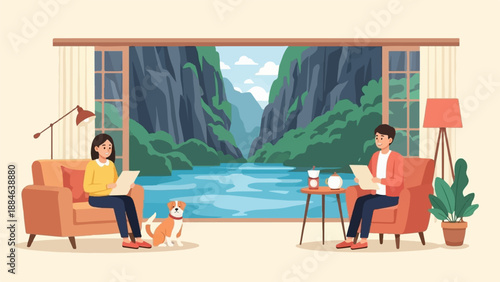 Two people relax indoors by a large window overlooking a scenic mountain and river landscape