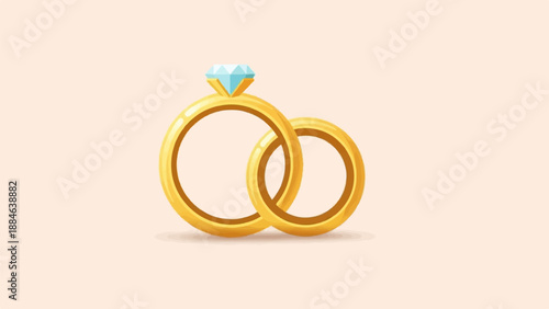 Two golden rings with a diamond on a plain background