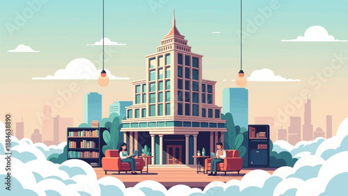 Pixel art scene of people working in a fantastical cloud city