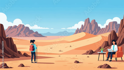 Pixelated desert scene A hiker with a backpack and a woman working on a laptop