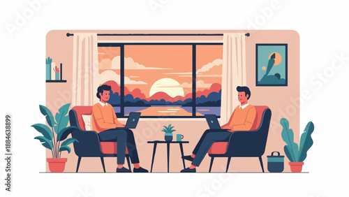 Two men work on laptops in comfortable armchairs by a large window with a sunset view