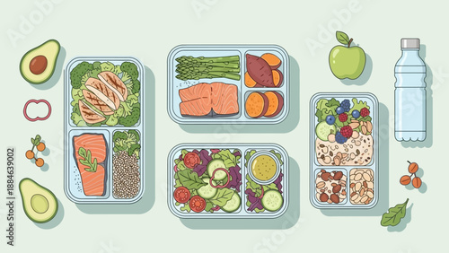 Healthy meal prep with balanced portions of vegetables, protein, and grains.