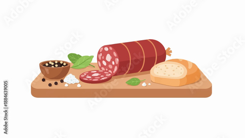 Sliced salami, bread, peppercorns, salt, and basil leaves on a wooden board