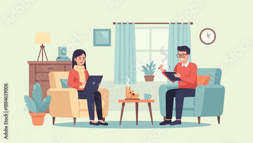 Two people and a dog relaxing indoors with laptops and coffee