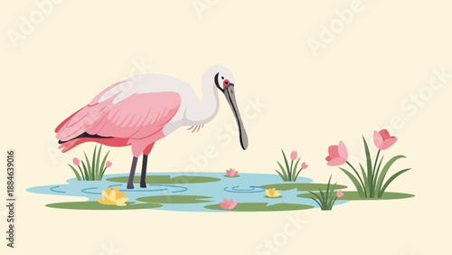 Pink bird with spoon-shaped beak stands in water with water lilies and flowers