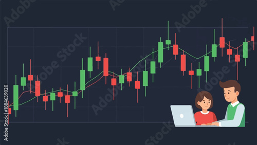 Two people analyze stock market trends on a laptop with a candlestick chart