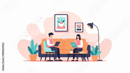 Two people working on laptops while relaxing on a couch at home