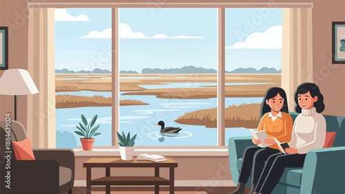 Two women read books by a window overlooking a marsh with a duck