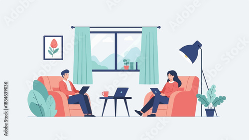 People working on laptops in cozy armchairs at home with plants and window view