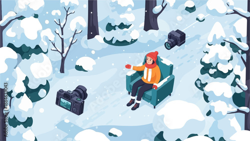 Person relaxing in armchair amidst snowy woods with cameras nearby
