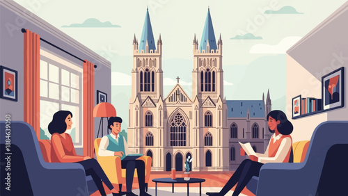 People relax in living room with large cathedral view outside