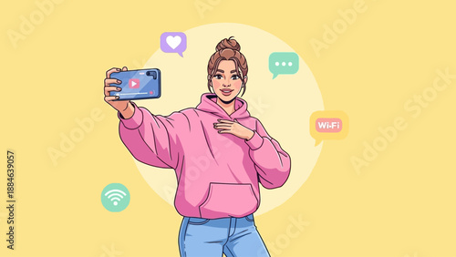 Young woman taking a selfie with social media icons floating around her.