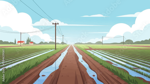 Rural farmland with a muddy path between irrigated fields under a cloudy sky