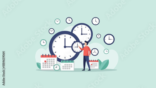 Businessman managing time and schedules with multiple clocks and calendars.
