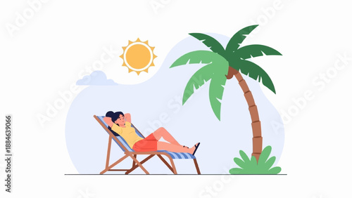 Person relaxing on a beach chair under a palm tree with sun