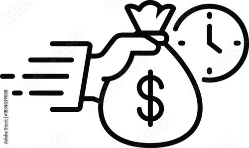 A hand quickly grabs a money bag next to a clock representing fast financial services and quick payments