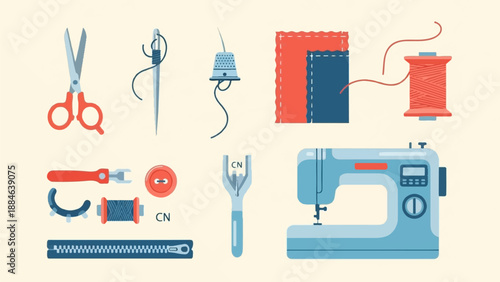 Sewing and tailoring tools displayed in an organized flat lay