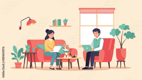 Two people and a dog relaxing in a living room with plants and furniture