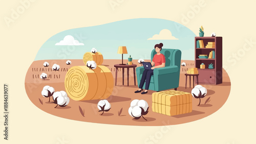 Person working on laptop in cotton field with hay bales