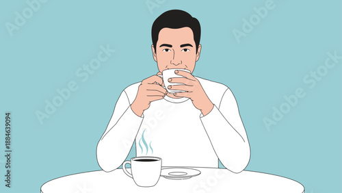 Man enjoying a hot beverage at a table with a cup and saucer.