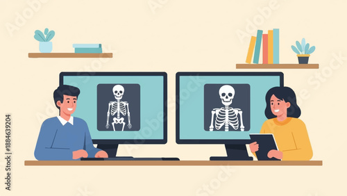 Two people look at medical X-rays on computer screens with shelves