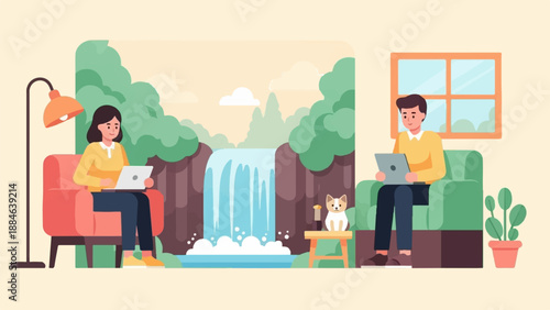 People working remotely with laptops in comfortable living spaces