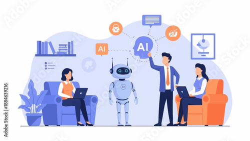 Team works with AI robot and learns using laptops