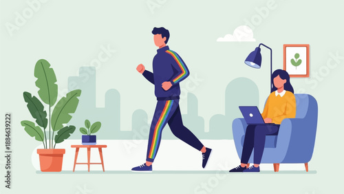 Runner in rainbow tracksuit jogs past woman working on laptop at home