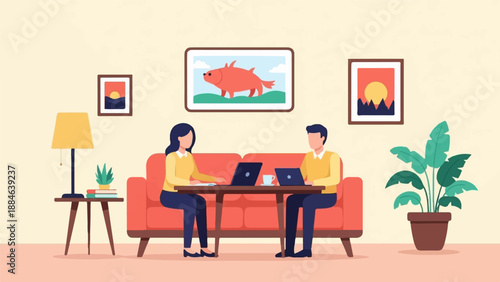 People working on laptops on a couch with art and plants