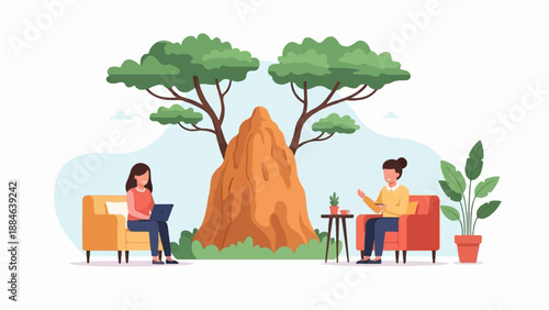 Two women relax in armchairs near a large termite mound under trees