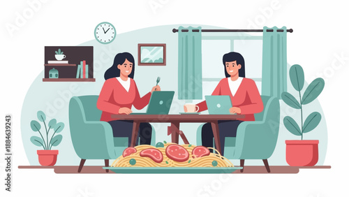 Two women working on laptops at a table with a plate of spaghetti