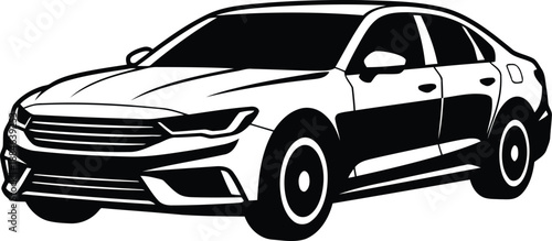 Stylized black and white line illustration of a modern four-door sedan automobile
