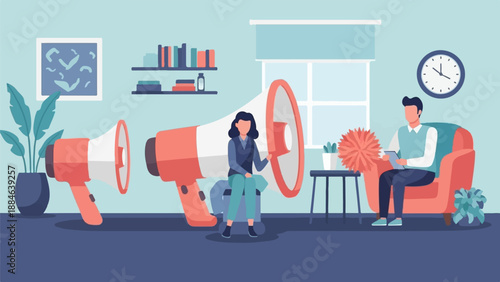 Two people and megaphones in a room with a clock and plants