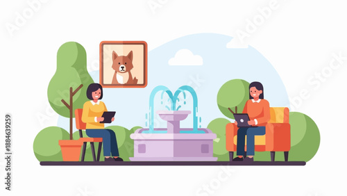 Two women using tablets in a park with a fountain and dog portrait