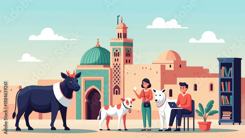 People and animals in a desert city with mosaic architecture