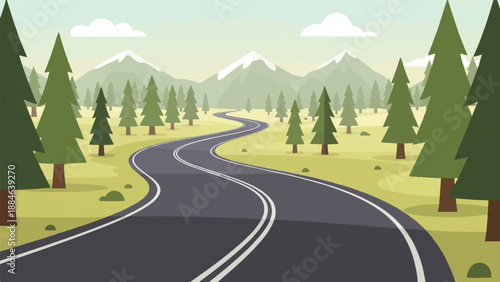 Winding mountain road through pine forest, leading to snow-capped peaks