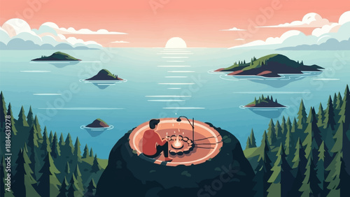 Person enjoys campfire on island overlooking tranquil sea at sunset