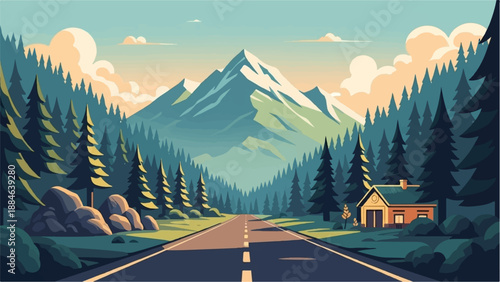 Scenic mountain road leading through forest with a cozy cabin