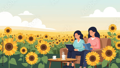 Two people relax on a couch reading books in a field of sunflowers