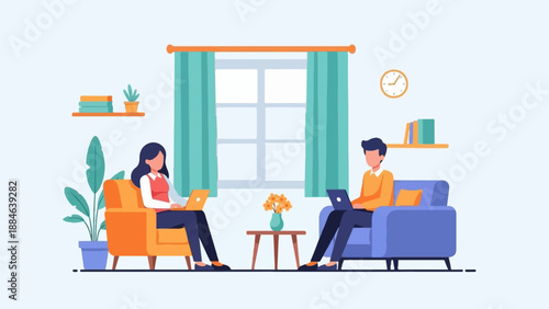 Two people working on laptops while relaxing in comfy armchairs at home
